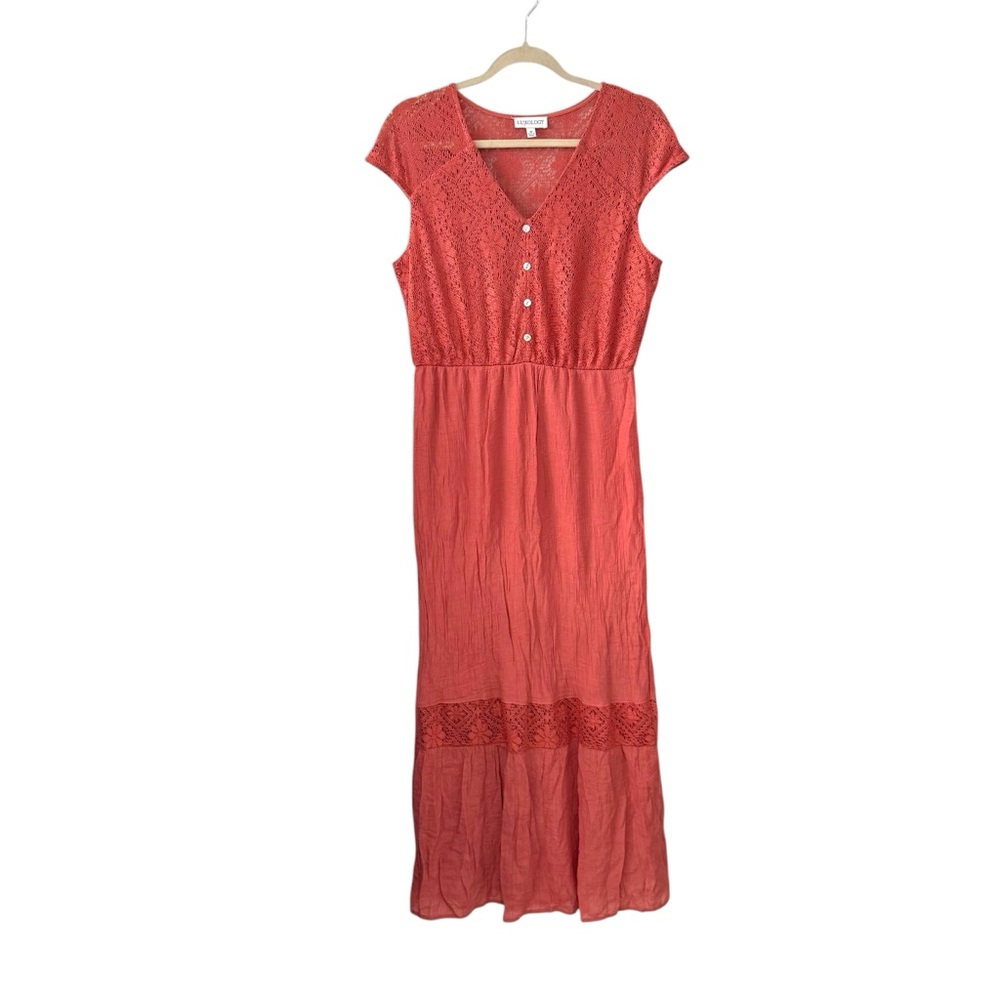 Luxology Medium Coral Lace Button Front Maxi Dress Cap Sleeve Boho